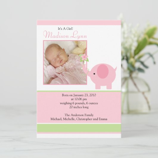 Roze Olifant Baby Meisje Foto Aankondigingskaart Aankondiging (Staand voorkant)