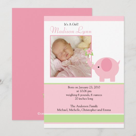 Roze Olifant Baby Meisje Foto Aankondigingskaart Aankondiging (Voorkant / Achterkant)