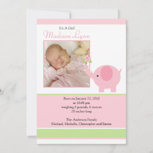 Roze Olifant Baby Meisje Foto Aankondigingskaart Aankondiging