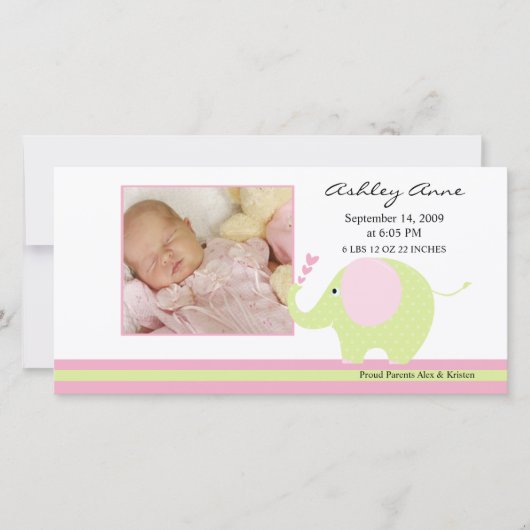 Roze olifant baby meisje geboorte aankondiging (Voorkant)