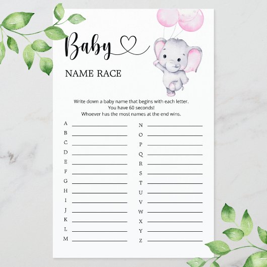 Roze olifant Baby shower Baby Naam Race Game