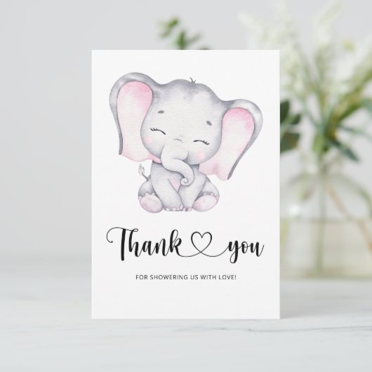 Roze olifant baby shower bedankt je kaart (Staand voorkant)