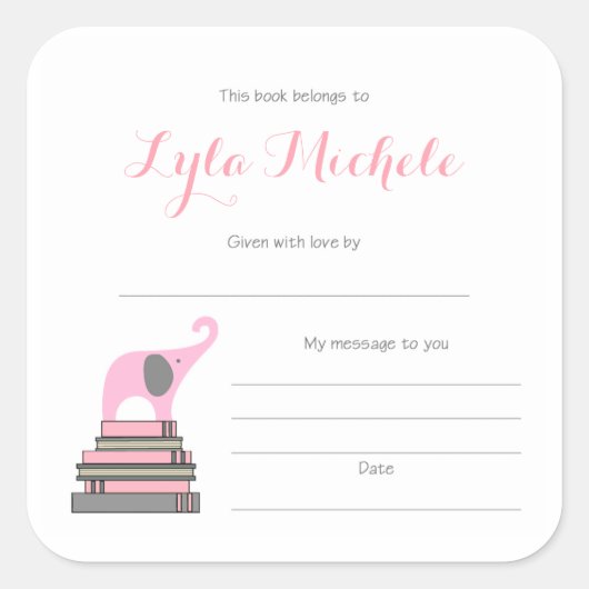 Roze Olifant baby shower bookplate Vierkante Sticker (Voorkant)