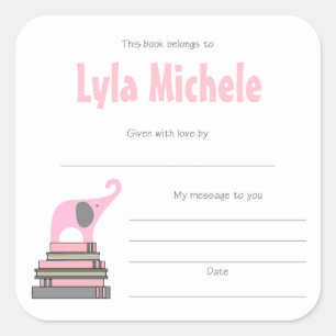 Roze Olifant baby shower Bookplaten MEISJE Vierkante Sticker