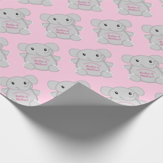 Roze olifant Baby shower Cadeaupapier (Hoek)