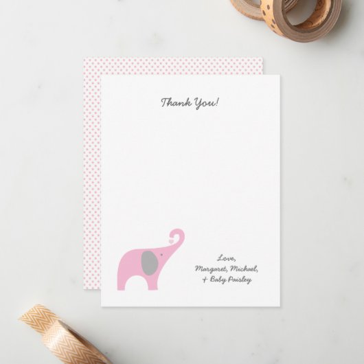 Roze olifant Baby shower Dank je wel Notitiekaartje (Voorkant / Achterkant in situ)
