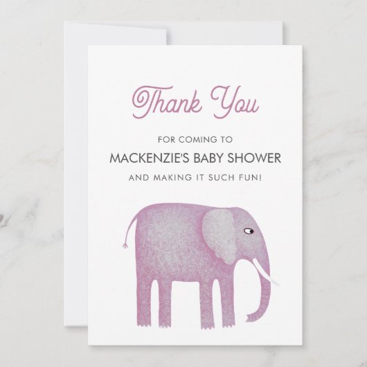 Roze Olifant Baby shower Dank u kaart (Voorkant)