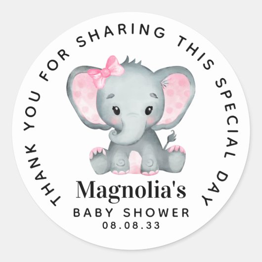 Roze olifant Baby shower Hartelijk dank Ronde Sticker (Voorkant)