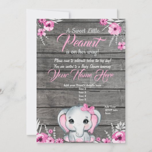 Roze Olifant Baby shower Invitation, rustiek, meis Kaart (Voorkant)