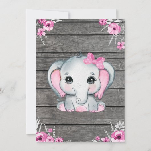 Roze Olifant Baby shower Invitation, rustiek, meis Kaart (Achterkant)