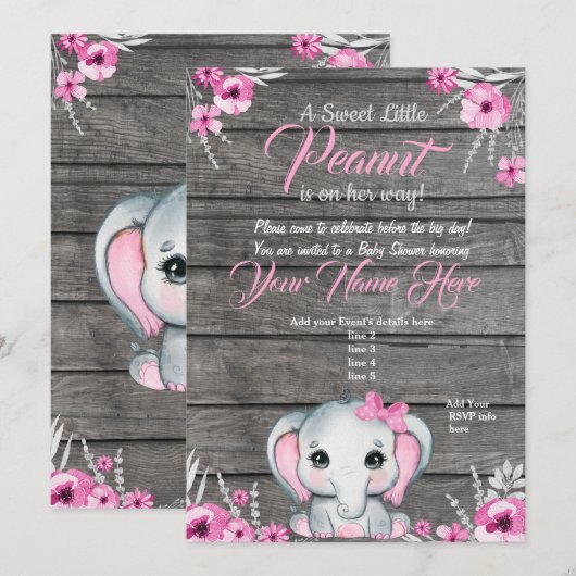 Roze Olifant Baby shower Invitation, rustiek, meis Kaart (Voorkant / Achterkant)