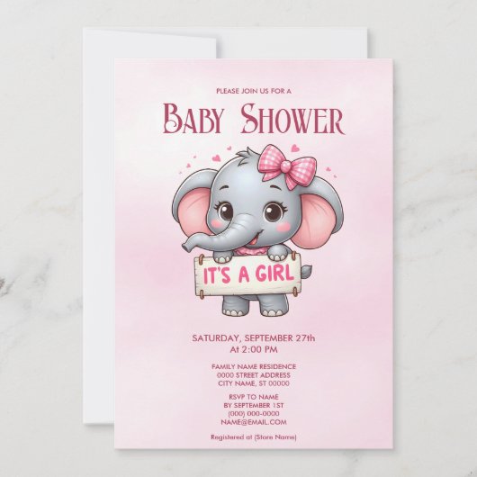 Roze olifant Baby shower Kaart (Voorkant)