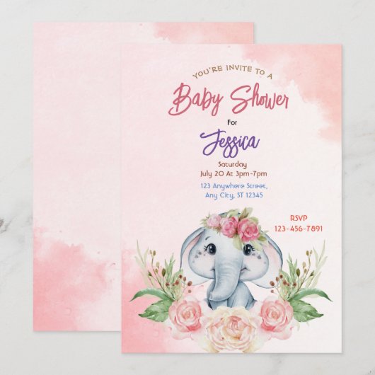 Roze olifant Baby shower Kaart (Voorkant / Achterkant)