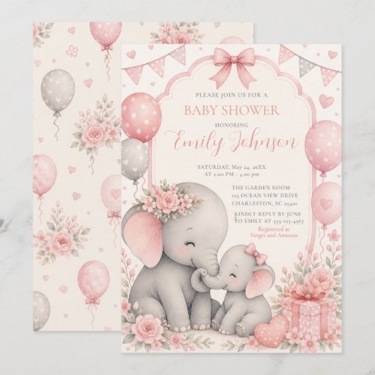 Roze Olifant Baby Shower Kaart (Voorkant / Achterkant)
