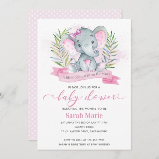 Roze olifant Baby shower Kaart (Voorkant / Achterkant)