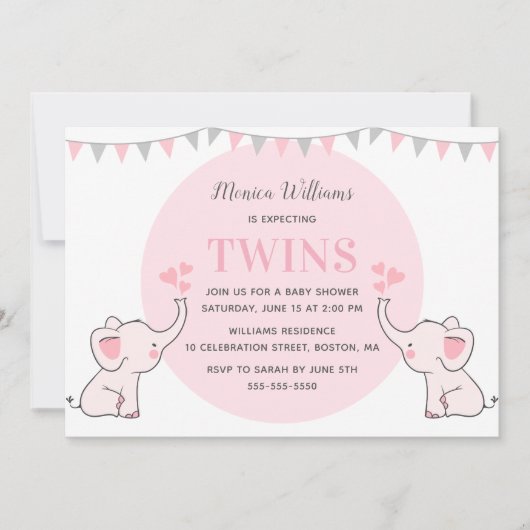 Roze Olifant Baby Shower | Meisjes Tweeling Baby S Kaart (Voorkant)