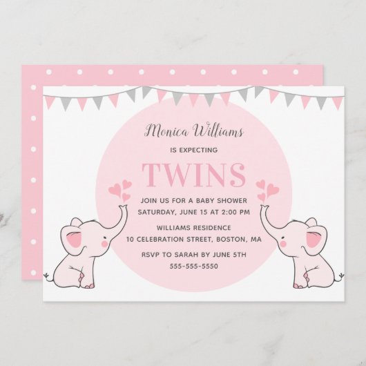 Roze Olifant Baby Shower | Meisjes Tweeling Baby S Kaart (Voorkant / Achterkant)
