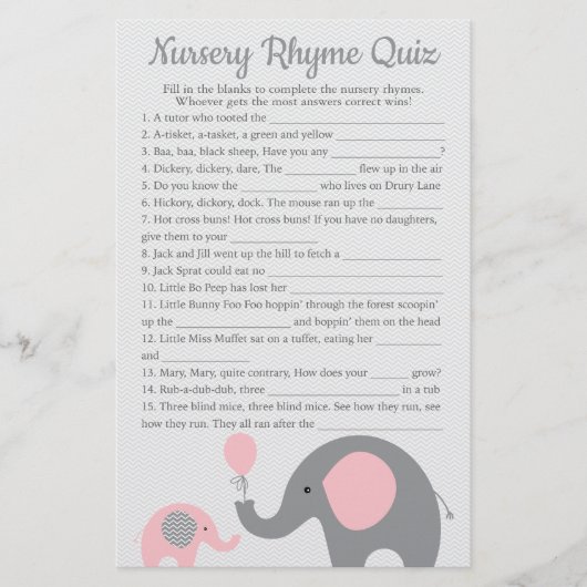 Roze olifant Baby shower Nursery Rhyme Quiz Game Flyer (Voorkant)