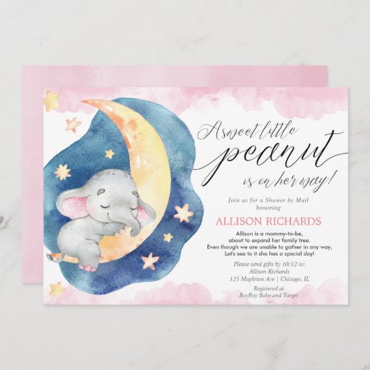 Roze olifant baby shower per post baby shower kaart (Voorkant / Achterkant)