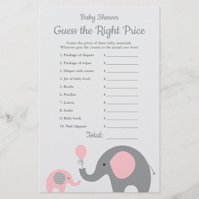 Roze olifant Baby shower Price is het juiste spel (Voorkant)
