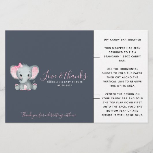 Roze olifant Baby shower Snoep Bar wrapper (Voorkant)