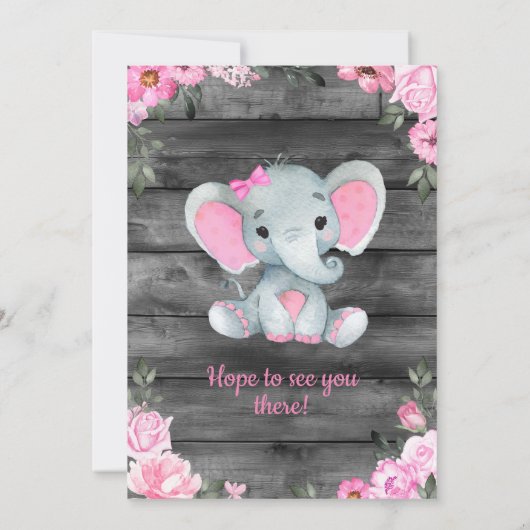 Roze Olifant Baby shower uitnodiging, rustiek Meis Kaart (Achterkant)