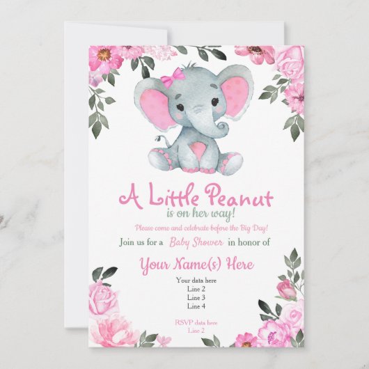 Roze olifant Baby shower-uitnodiging, rustige Invi Kaart (Voorkant)