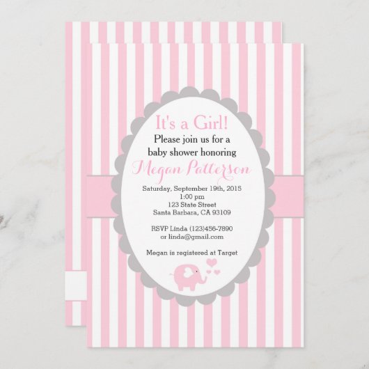 Roze olifant Baby shower Uitnodiging voor een meis (Voorkant / Achterkant)