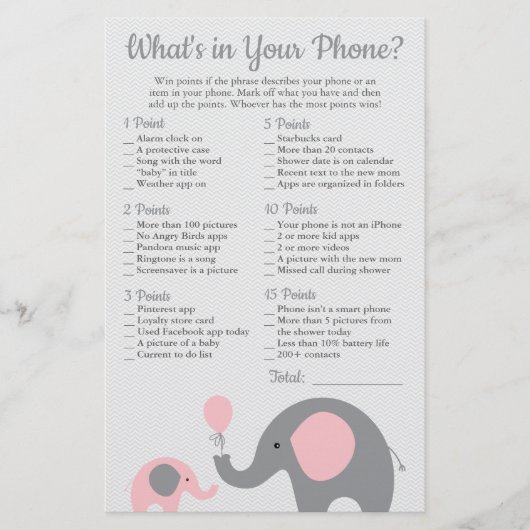 Roze olifant Baby shower Wat zit er in je telefoon Flyer (Voorkant)