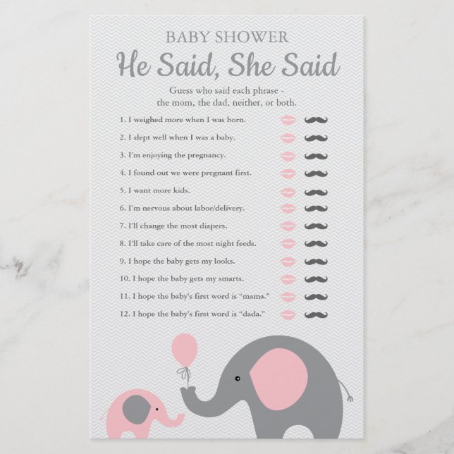 Roze olifant Baby shower zei dat ze het spel zei (Voorkant)