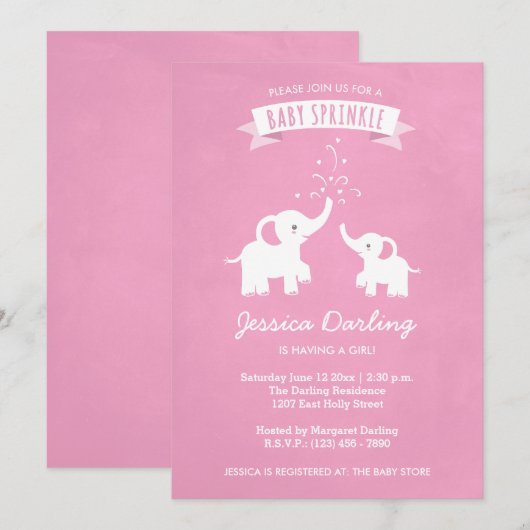 Roze olifant Baby Sprinkle Showuitnodiging Kaart (Voorkant / Achterkant)