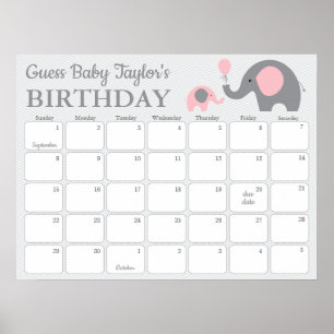 Roze Olifant Baby Verjaardag Voorspellingskalender Poster