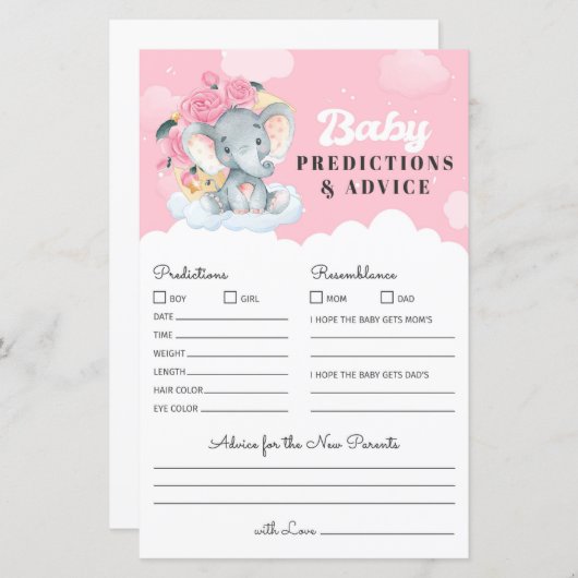 Roze olifant Baby Voorspelling en adviesspel (Voorkant / Achterkant)