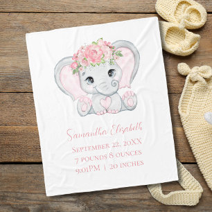 Roze olifant babymeisje cadeau met geboortestatist fleece deken
