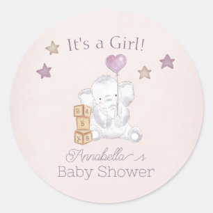 Roze Olifant Babymeisje en Ballon Aquarel Ronde Sticker