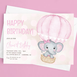 Roze Olifant Ballon 1e Verjaardag Kaart