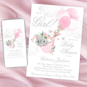 Roze Olifant Ballonnen Vlinder Baby Shower Kaart