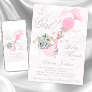 Roze Olifant Ballonnen Vlinder Baby Shower Kaart