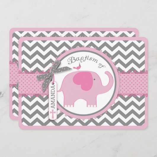 Roze olifant Bird en Chevron Print Baptisme Kaart (Voorkant / Achterkant)