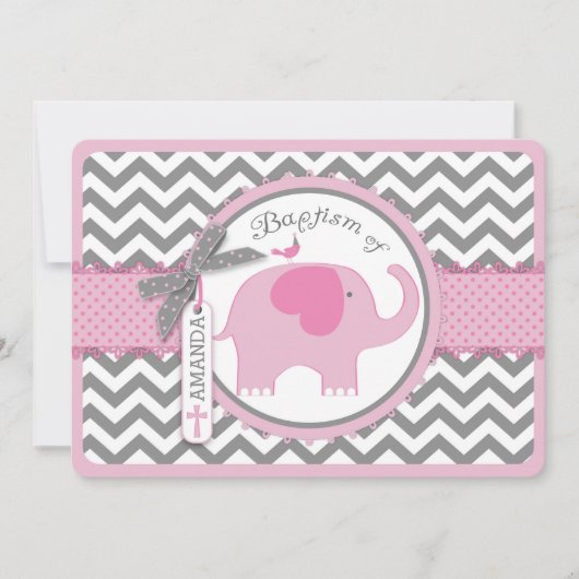 Roze olifant Bird en Chevron Print Baptisme Kaart (Voorkant)