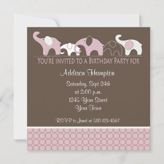 Roze olifant Birthday Party Invitation Kaart (Voorkant)