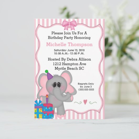 Roze olifant Birthday Party Kaart (Staand voorkant)