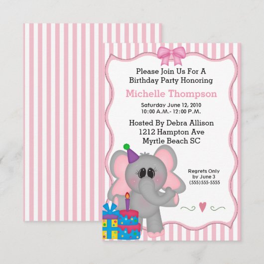 Roze olifant Birthday Party Kaart (Voorkant / Achterkant)