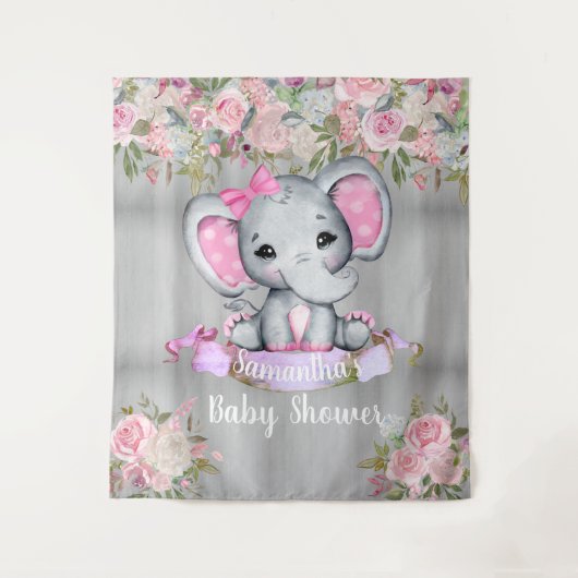 Roze Olifant Bloemen Foto Achtergrond Baby Shower Wandkleed (Voorkant)