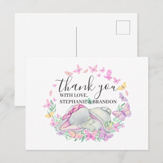 Roze olifant Butterflies Hartelijk dank Briefkaart (Voorkant / Achterkant)