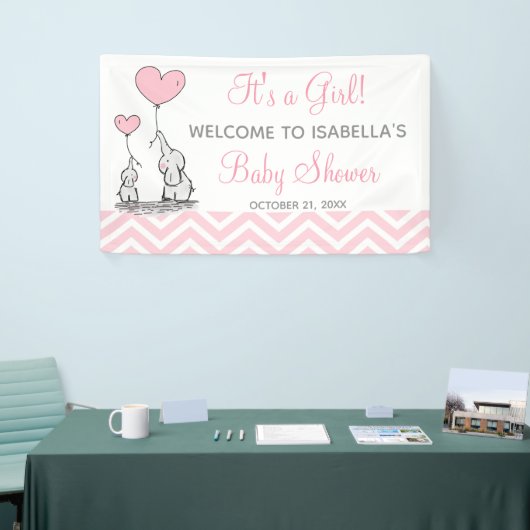 Roze Olifant Chevron Girly Baby shower Banner (Beurs)
