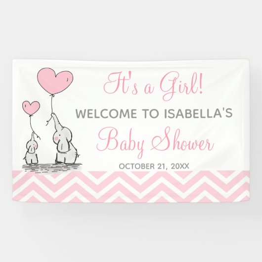 Roze Olifant Chevron Girly Baby shower Banner (Horizontaal)