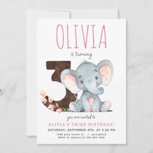 Roze Olifant Derde Verjaardag uitnodiging (Voorkant)