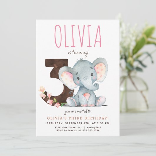 Roze Olifant Derde Verjaardag uitnodiging (Staand voorkant)
