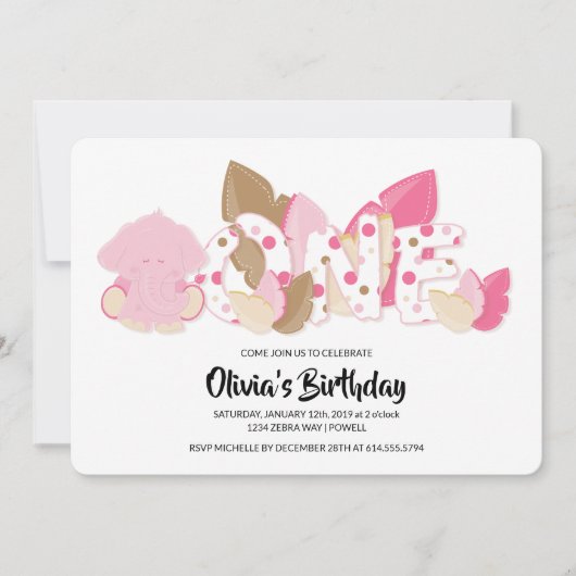 Roze olifant eerste uitnodiging voor geboorte (Voorkant)